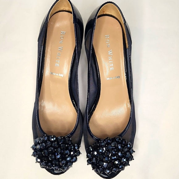 Ron White Blue Peeptoe Wedge Sandal With Beaded Toe Size 6 - Picture 2 of 10